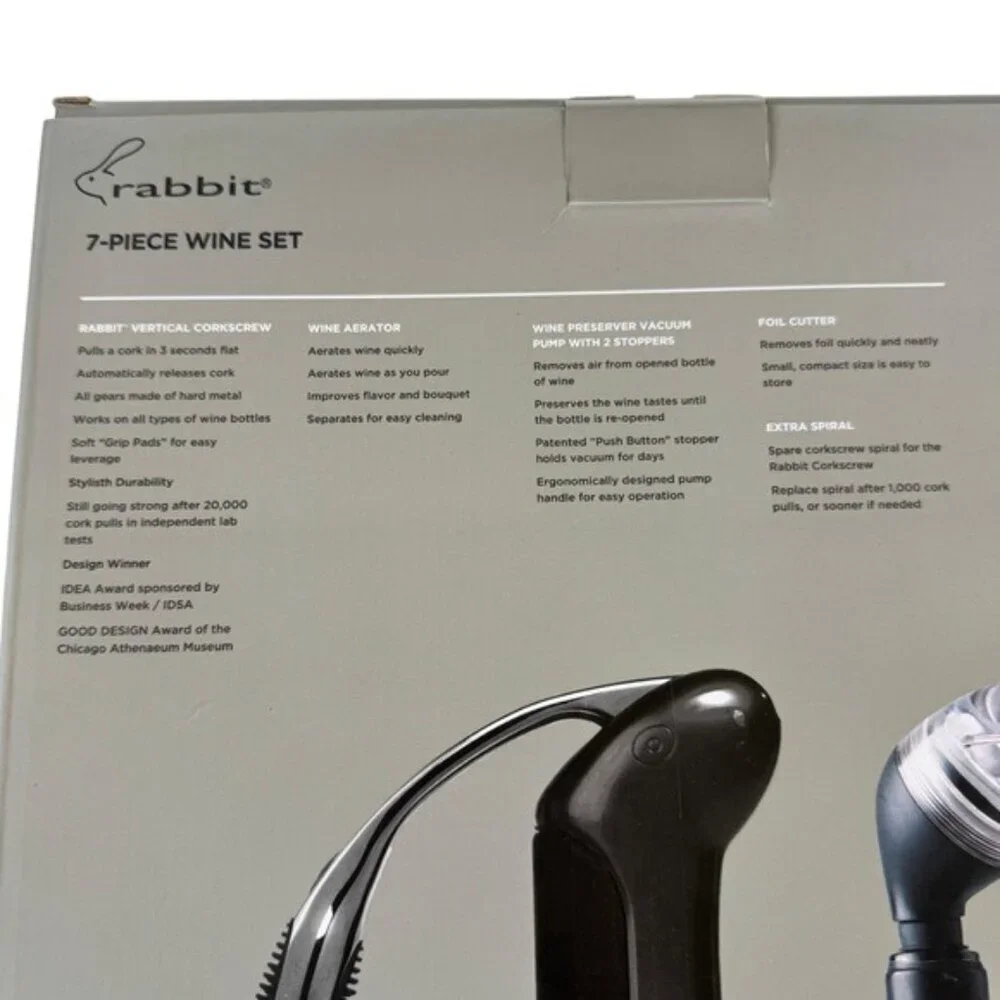 Rabbit 7-Piece Wine Bar Gift Set Manual Corkscrew Vacuum Pump Foil Cutter NIB